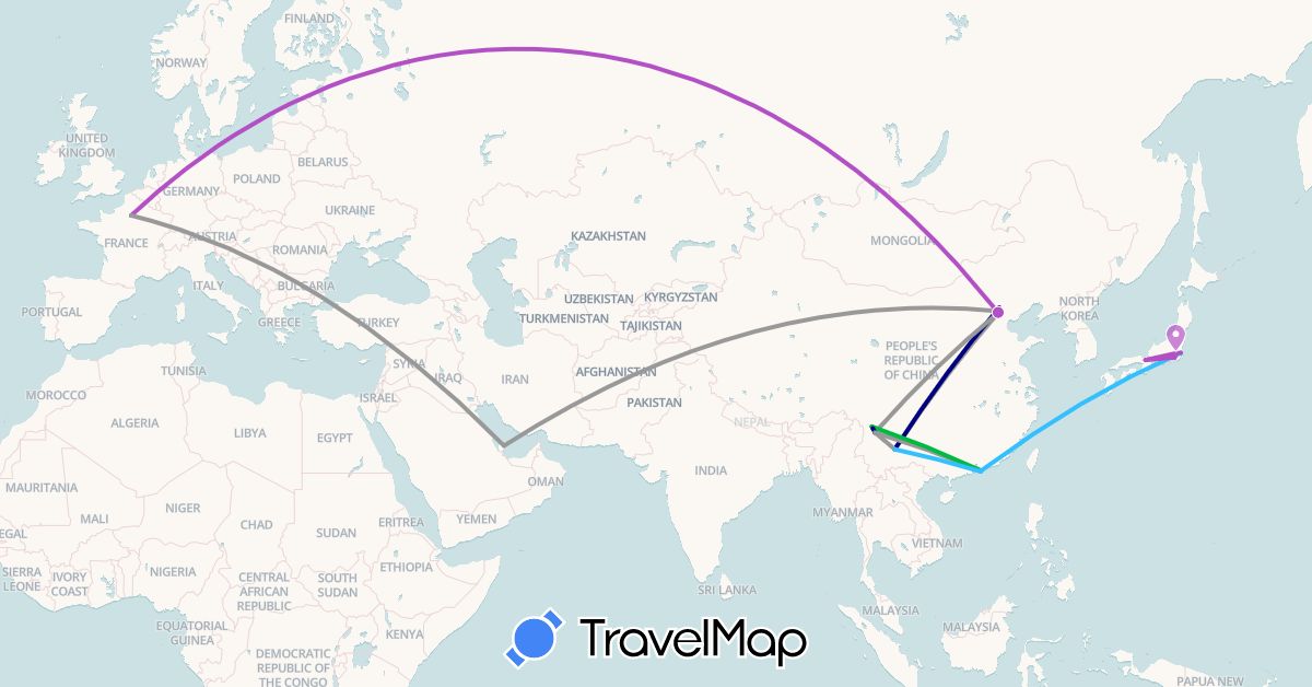 TravelMap itinerary: driving, bus, plane, train, boat in China, Hong Kong, Japan, Qatar (Asia)
